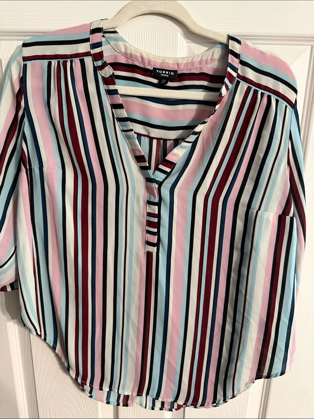 torrid Multi-Stripe V-Neck Blouse in Pink, Blue & Burgundy